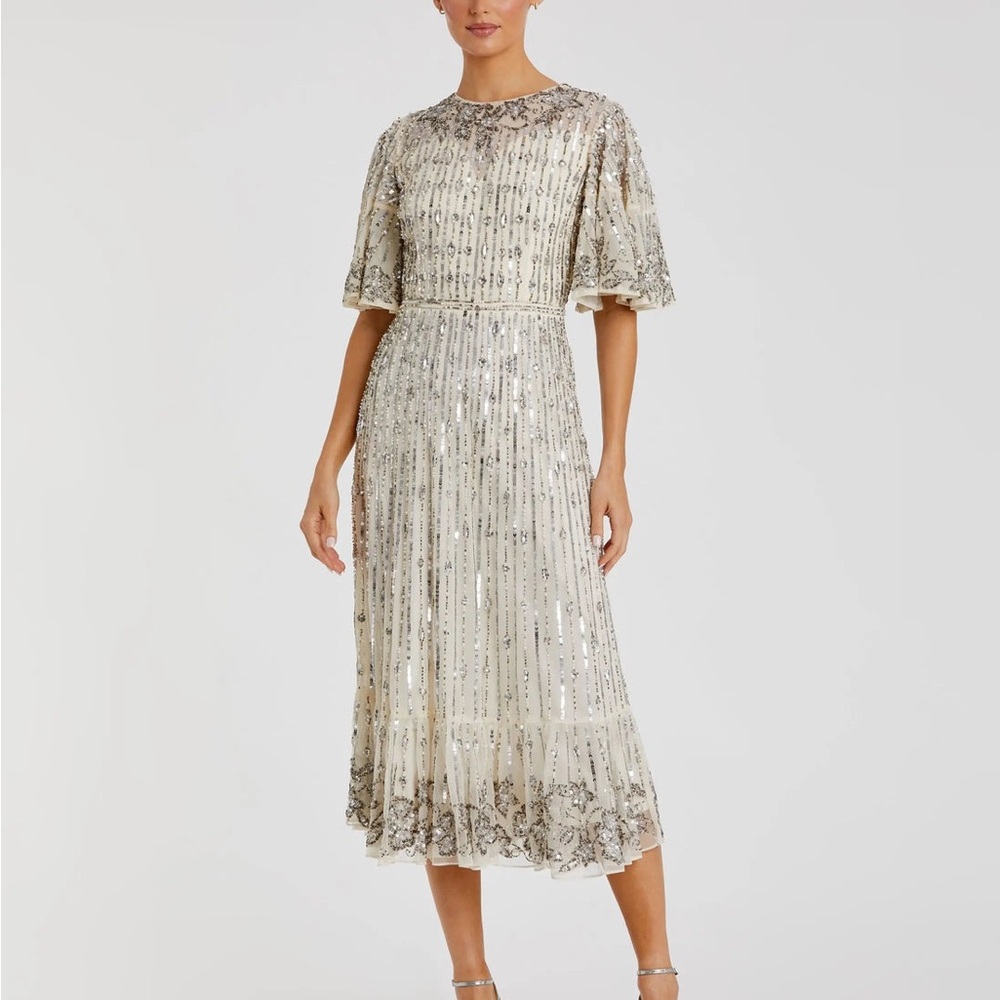 Mac Duggal Silver Flounce Sleeve Midi Dress